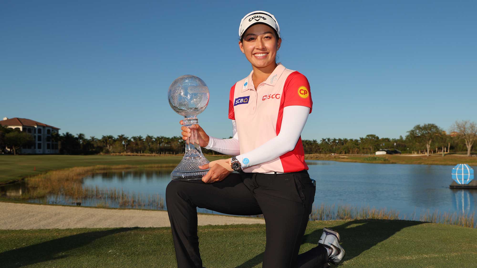 Jeeno Thitikul of Thailand poses with the trophy after winning the CME Group Tour Championship 2024 at Tiburon Golf Club on November 24, 2024 in Naples, Florida.
